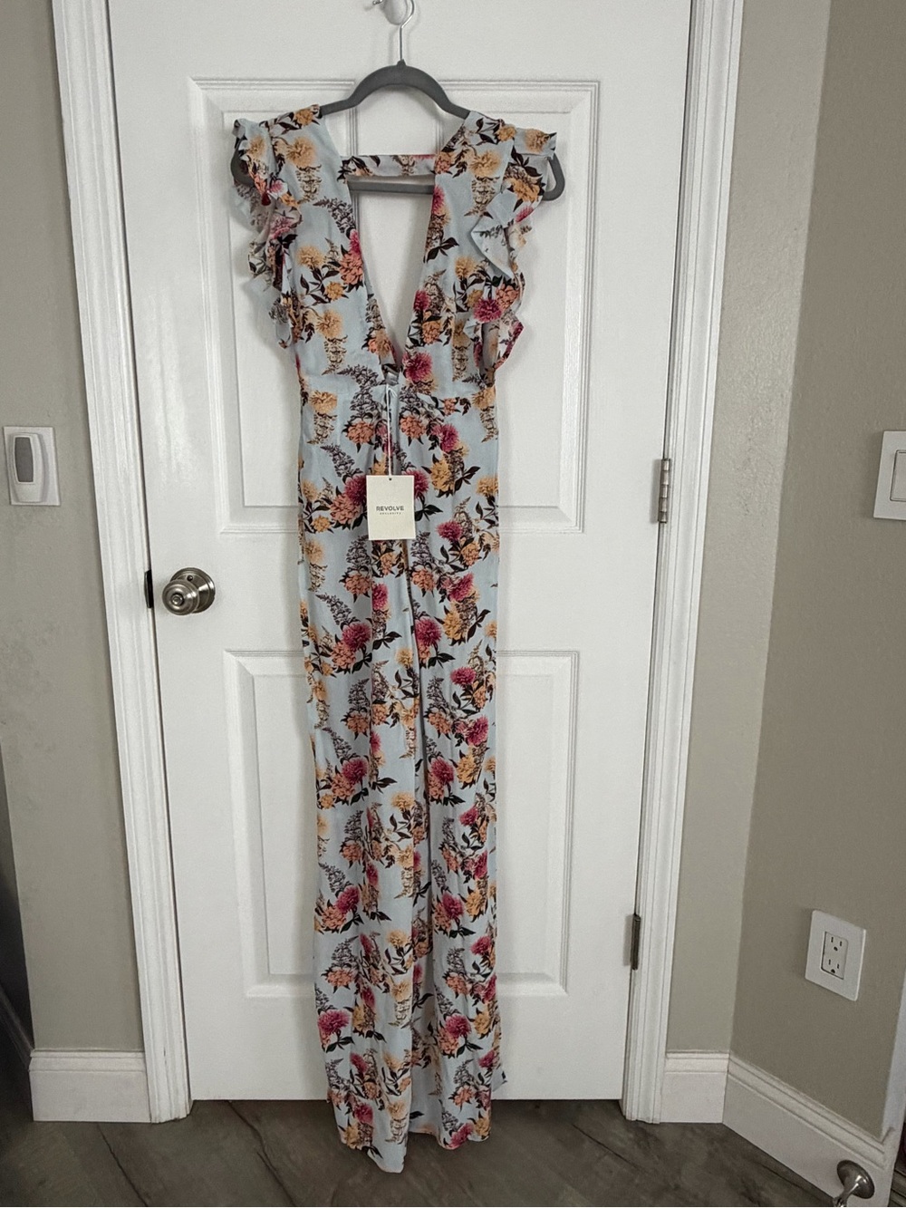 REVOLVE Light Blue Floral Ruffle V-Neck Wide-Leg Jumpsuit